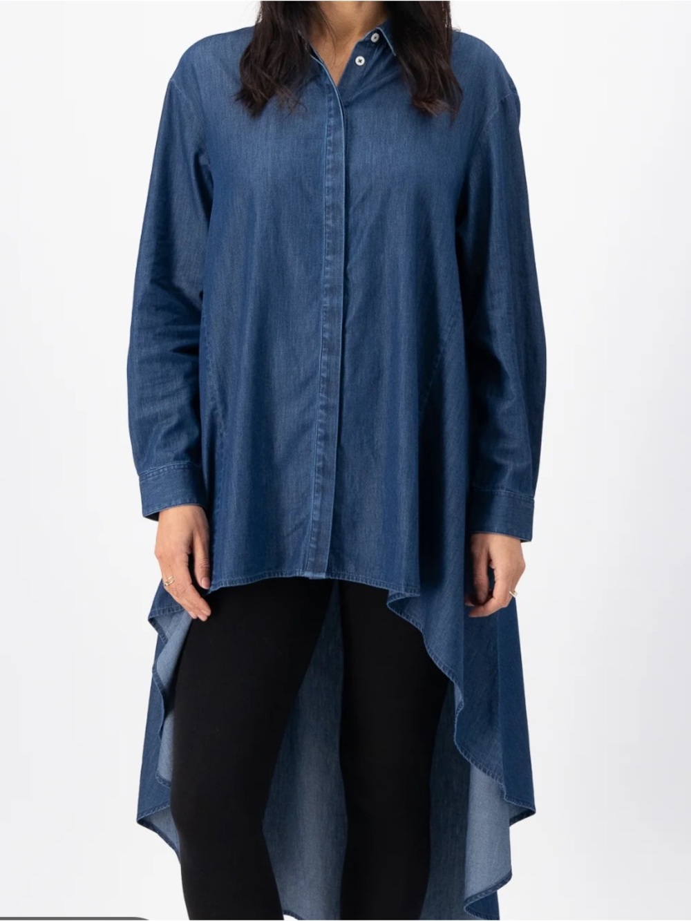 For Cynthia Blue High-Low Denim Shirt - L